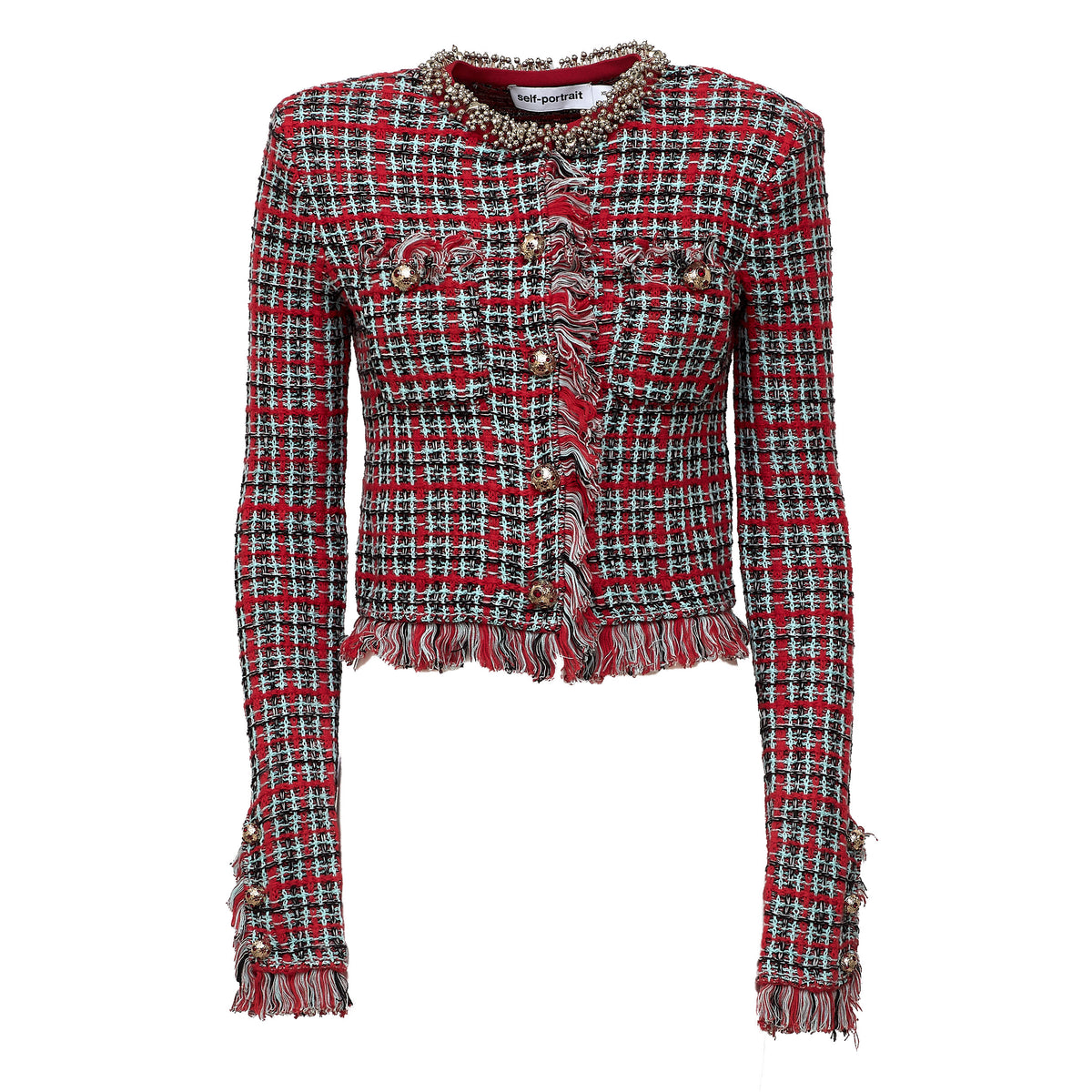 Red Check Frayed Knit Jacket
