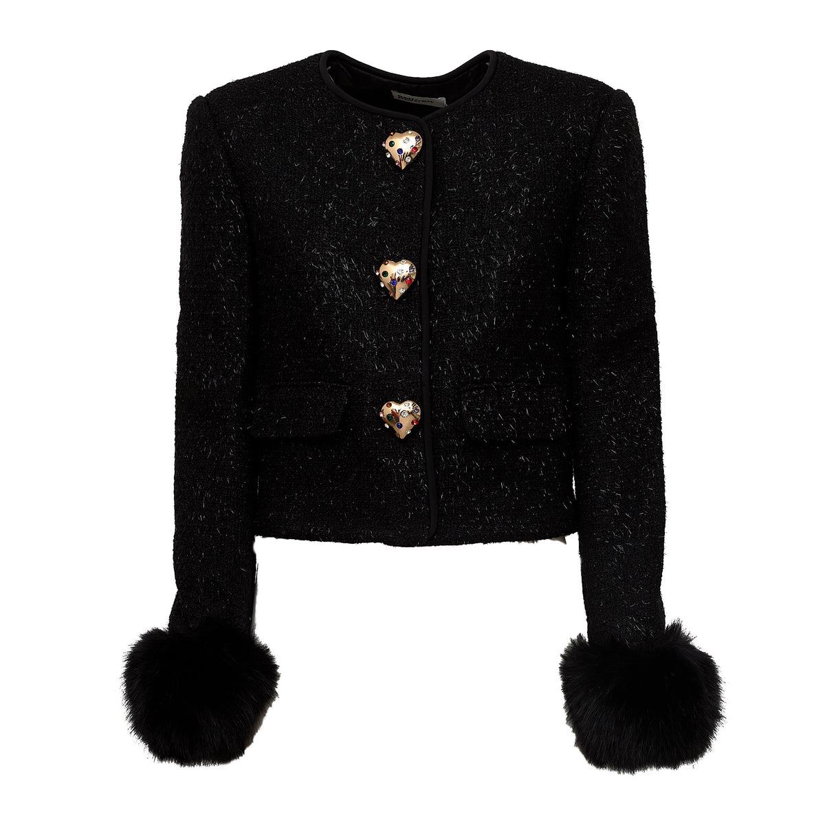 Black Metallic Boucle Fur Cuff Jacket