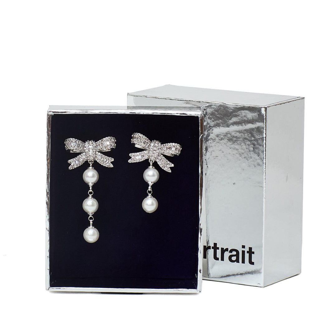 Crystal Bow Pearl Droplet Earrings