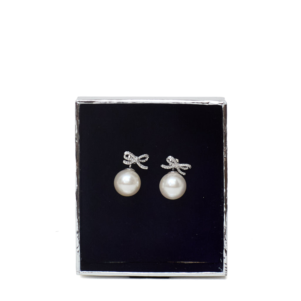 Crystal Bow Pearl Back Earrings