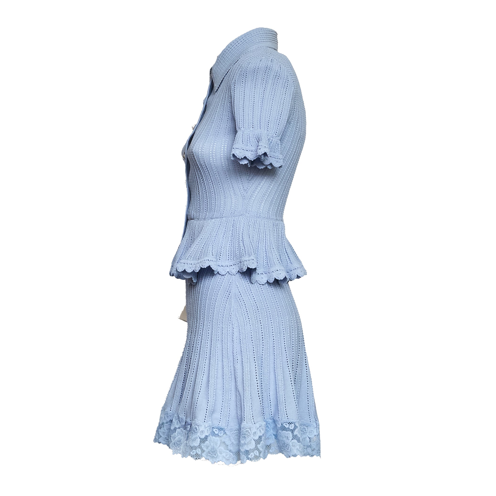 Blue Pointelle Peplum Knit Mini Dress