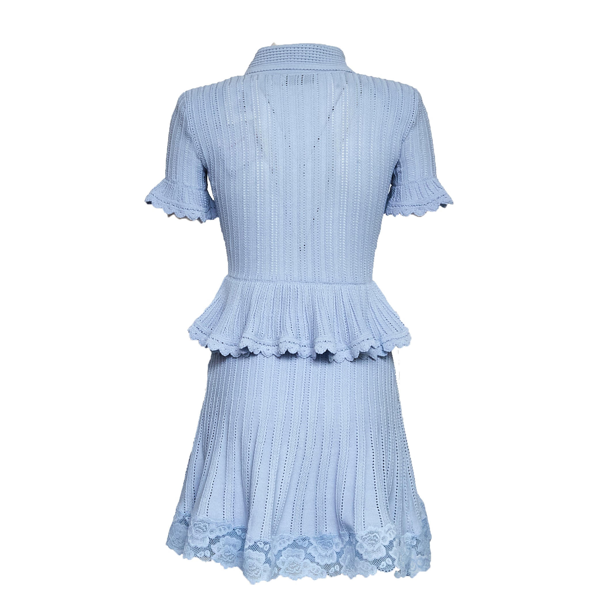 Blue Pointelle Peplum Knit Mini Dress