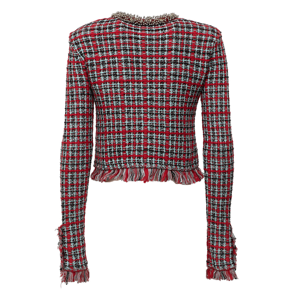 Red Check Frayed Knit Jacket