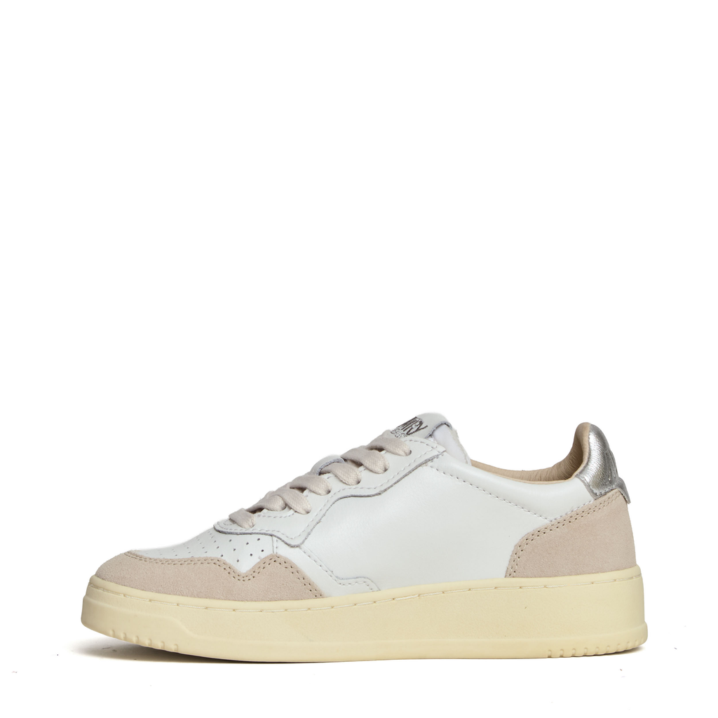 Sneakers Medalist Low In Pelle Bianca, Argento e Suede Beige