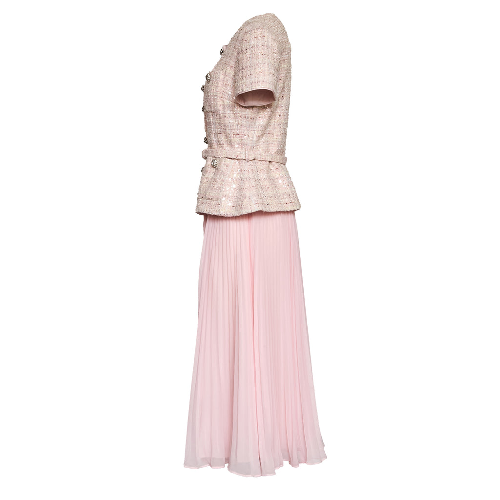 Pink Sequin Boucle Tailored Midi Dress