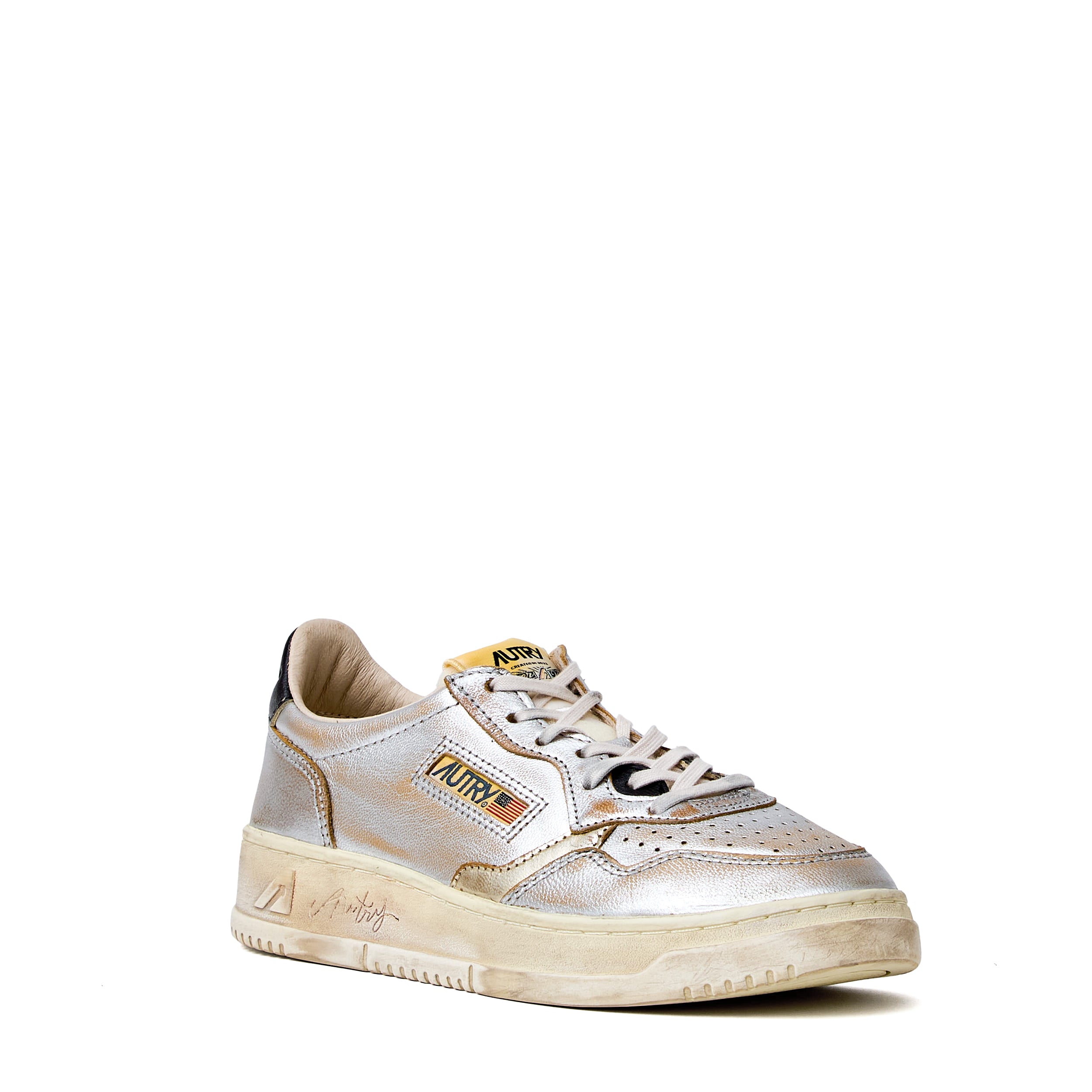 Sneakers Super Vintage Low In Pelle Laminata Argento, Platino, Nero
