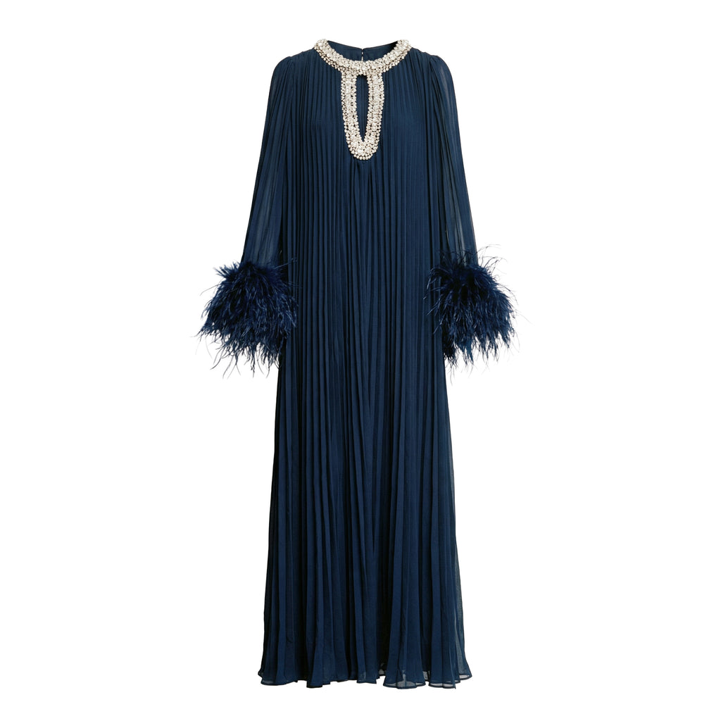 Navy Chiffon Feather Midi Dress