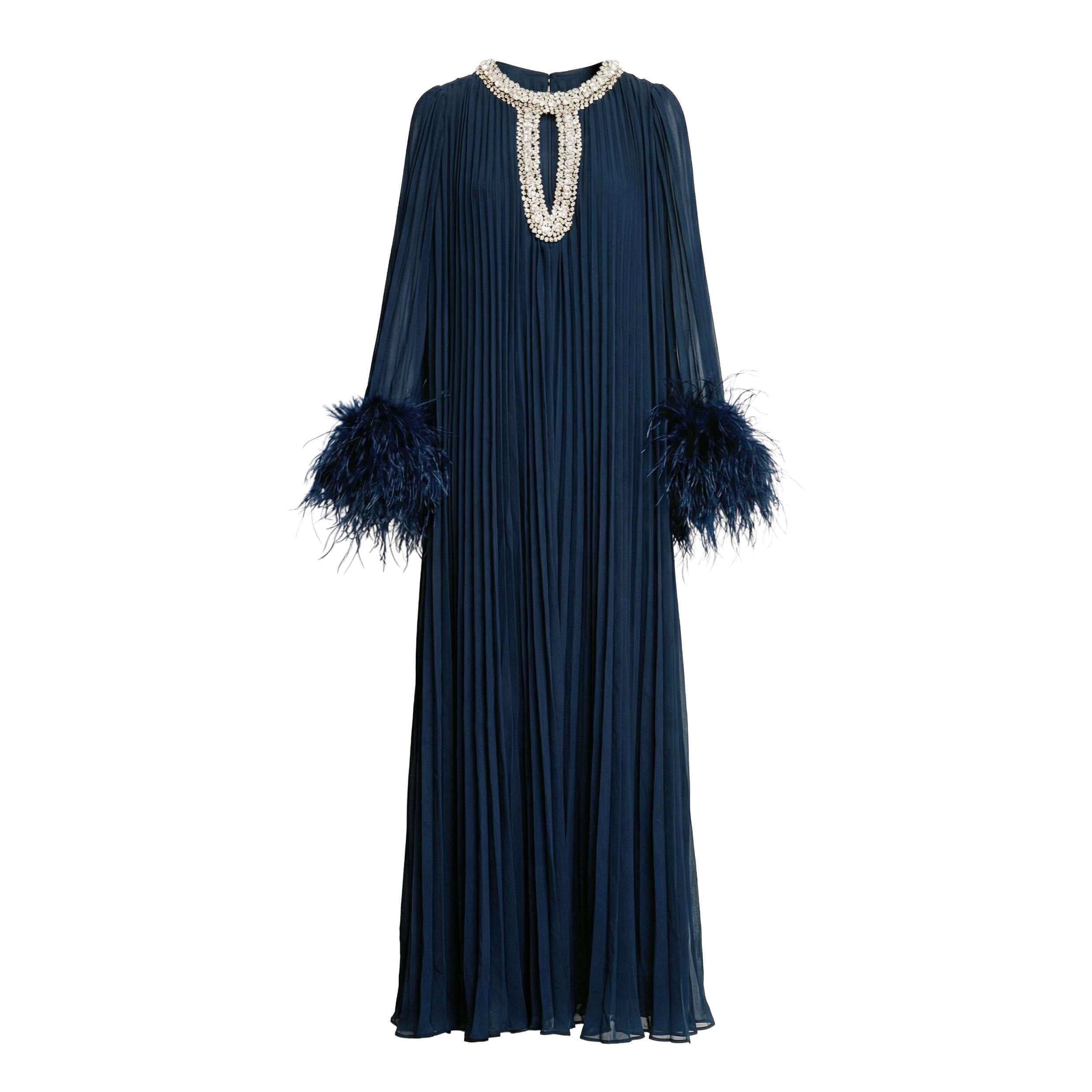 Navy Chiffon Feather Midi Dress