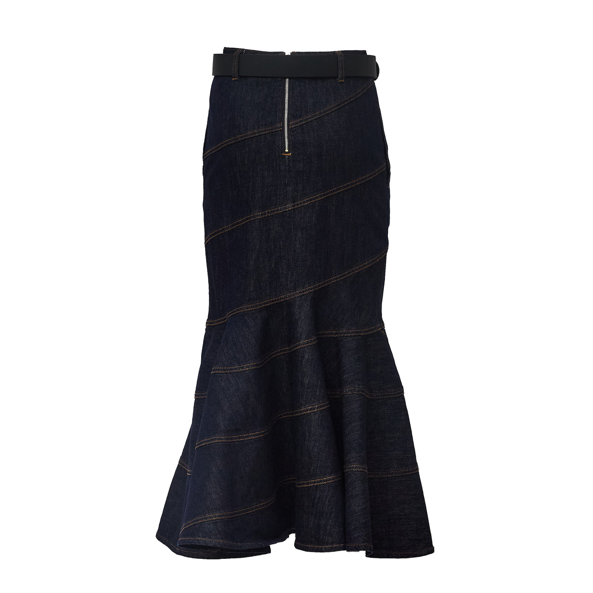 Indigo Denim Belted Midi Skirt