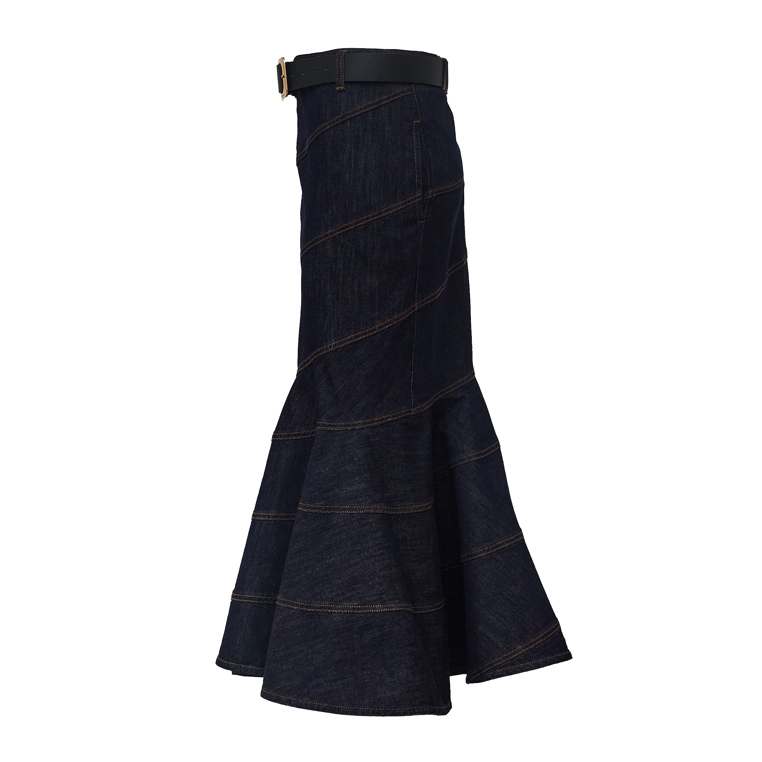 Indigo Denim Belted Midi Skirt
