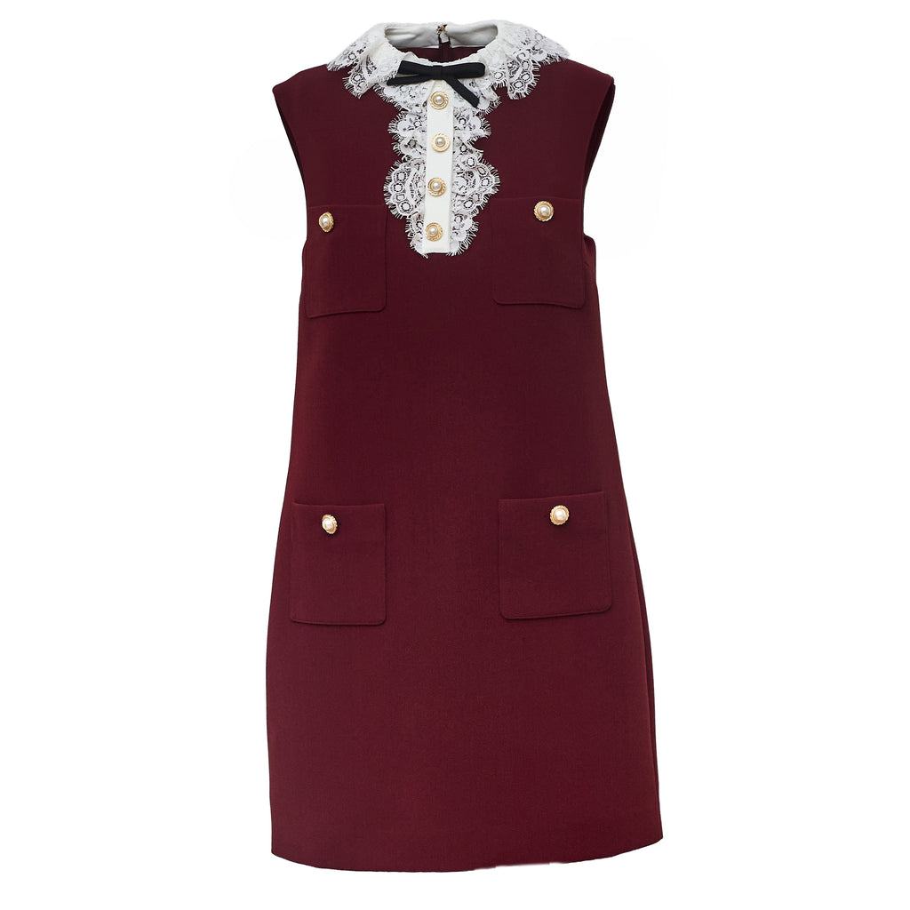 Burgundy Crepe Lace Collar Mini Dress