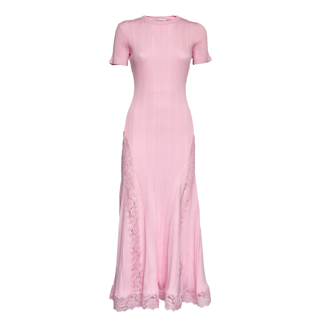 Pink Knit Lace Insert Midi Dress