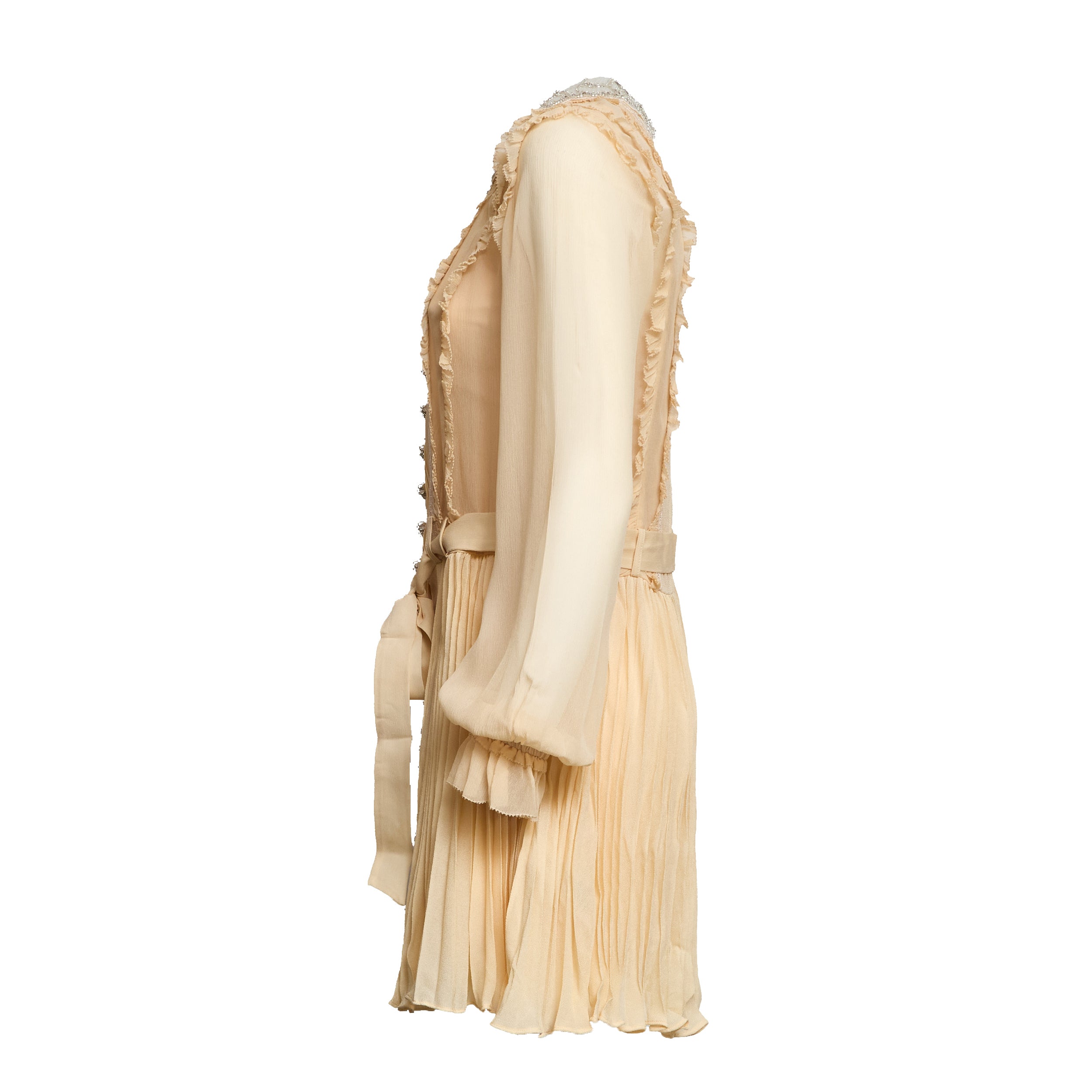 Tan Pleated Georgette Mini Dress
