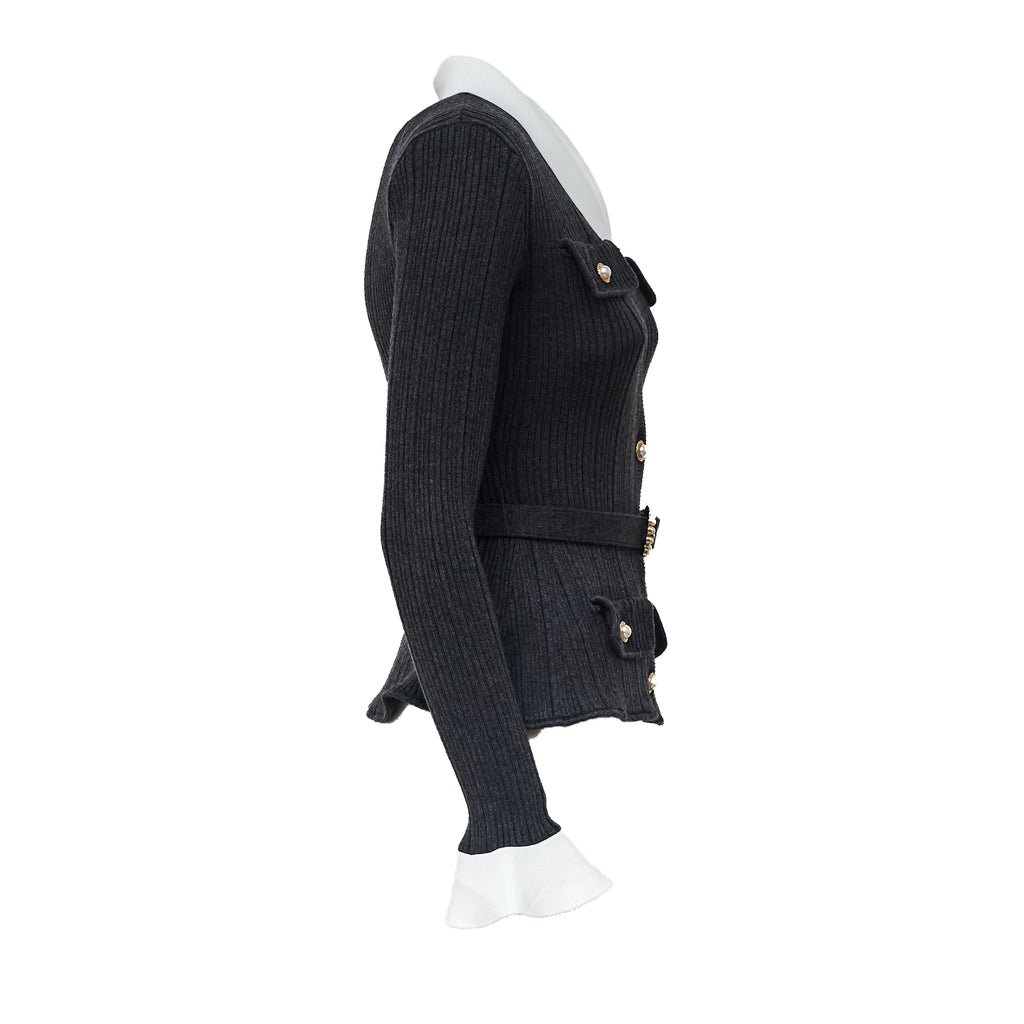 Grey Ribbed Knit Cardigan