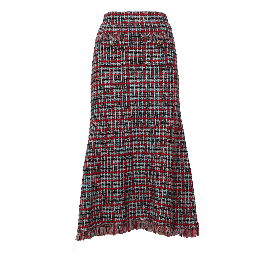 Red Check Frayed Knit Midi Skirt