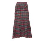 Red Check Frayed Knit Midi Skirt