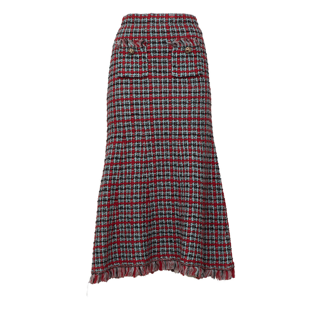 Red Check Frayed Knit Midi Skirt