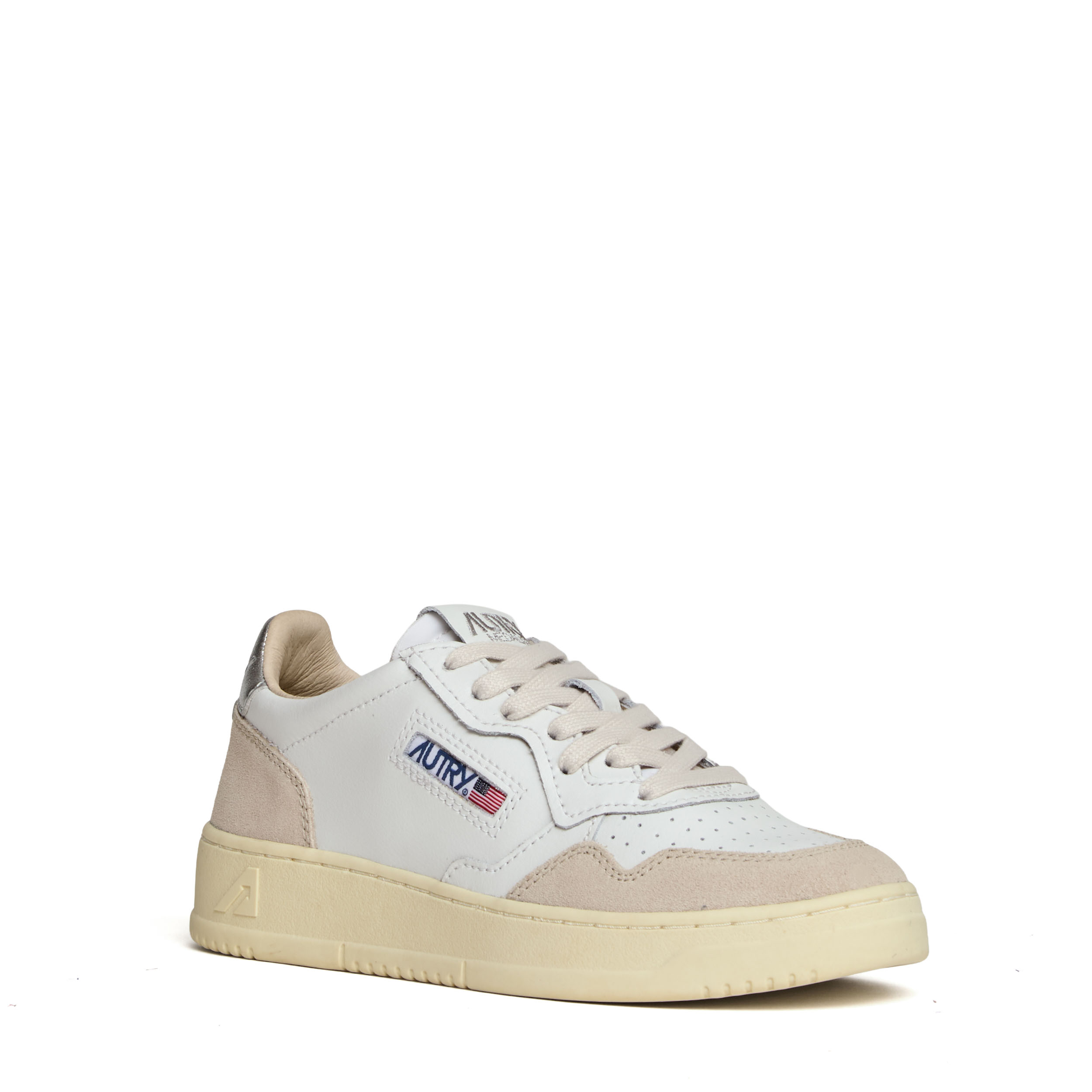 Sneakers Medalist Low In Pelle Bianca, Argento e Suede Beige