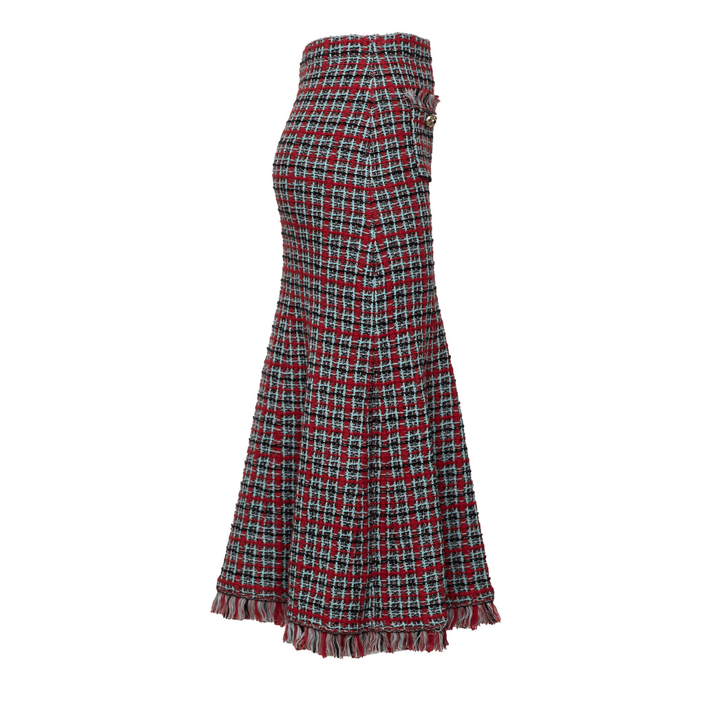Red Check Frayed Knit Midi Skirt
