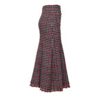 Red Check Frayed Knit Midi Skirt