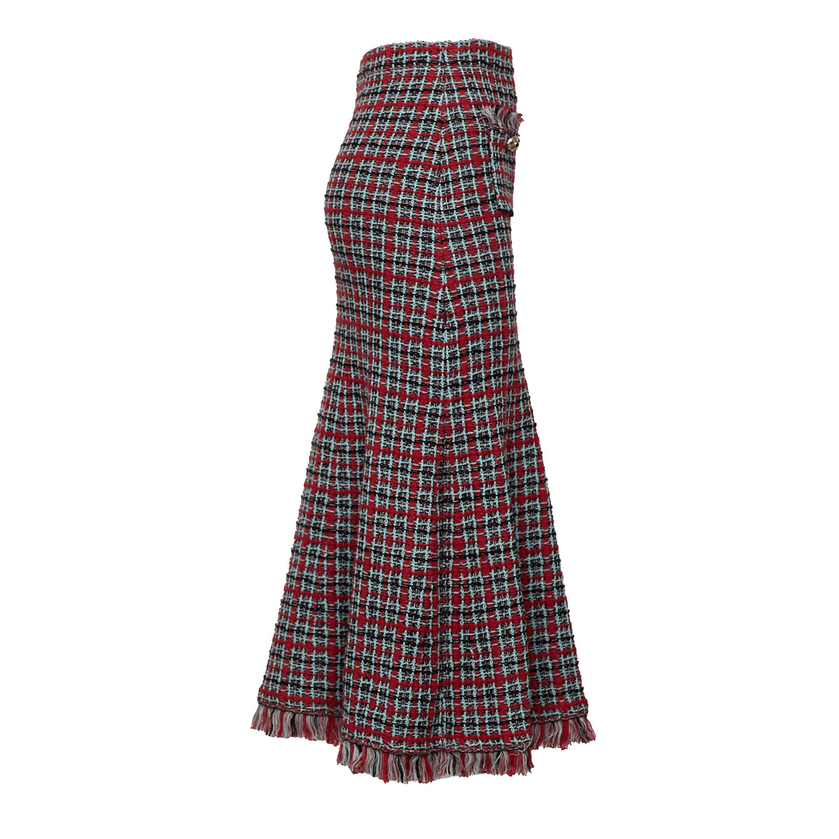 Red Check Frayed Knit Midi Skirt