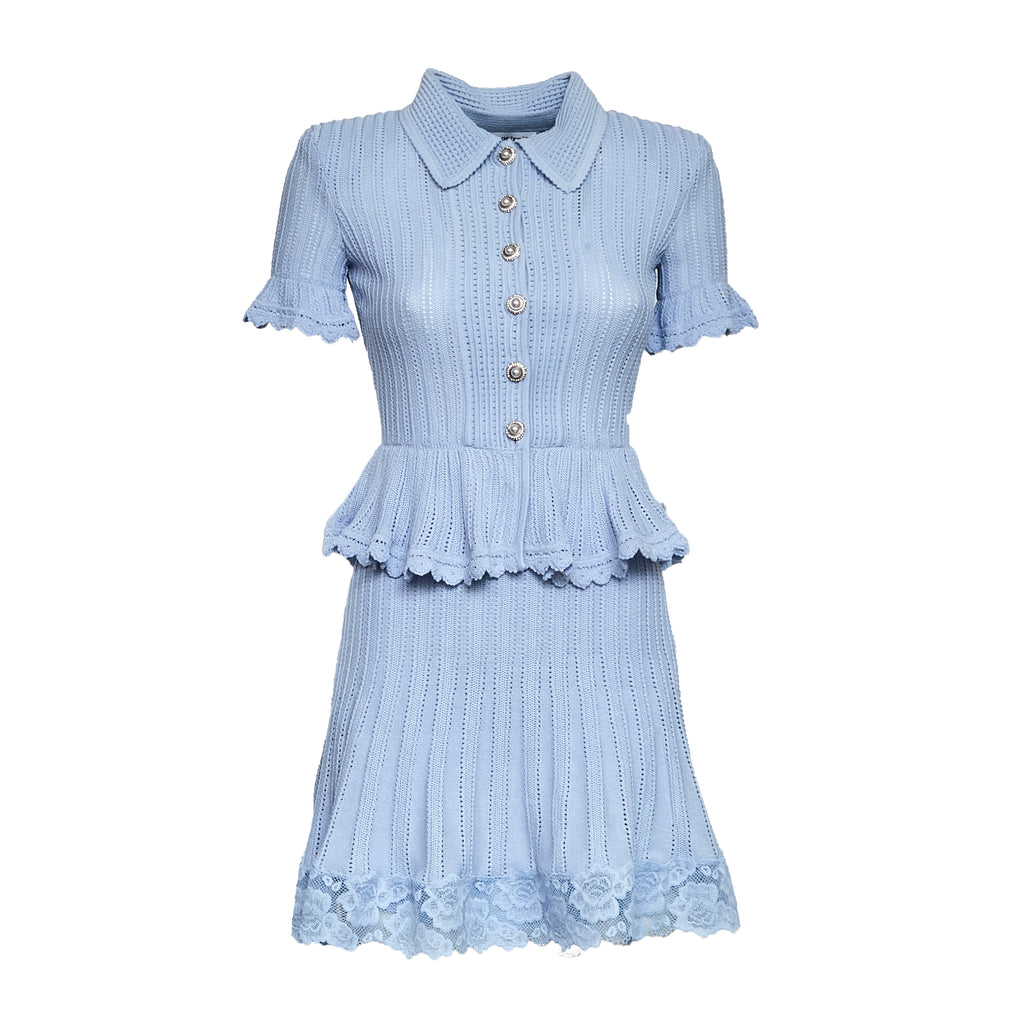 Blue Pointelle Peplum Knit Mini Dress
