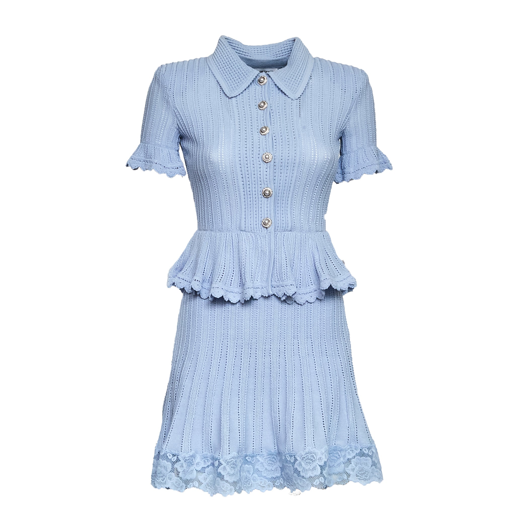 Blue Pointelle Peplum Knit Mini Dress