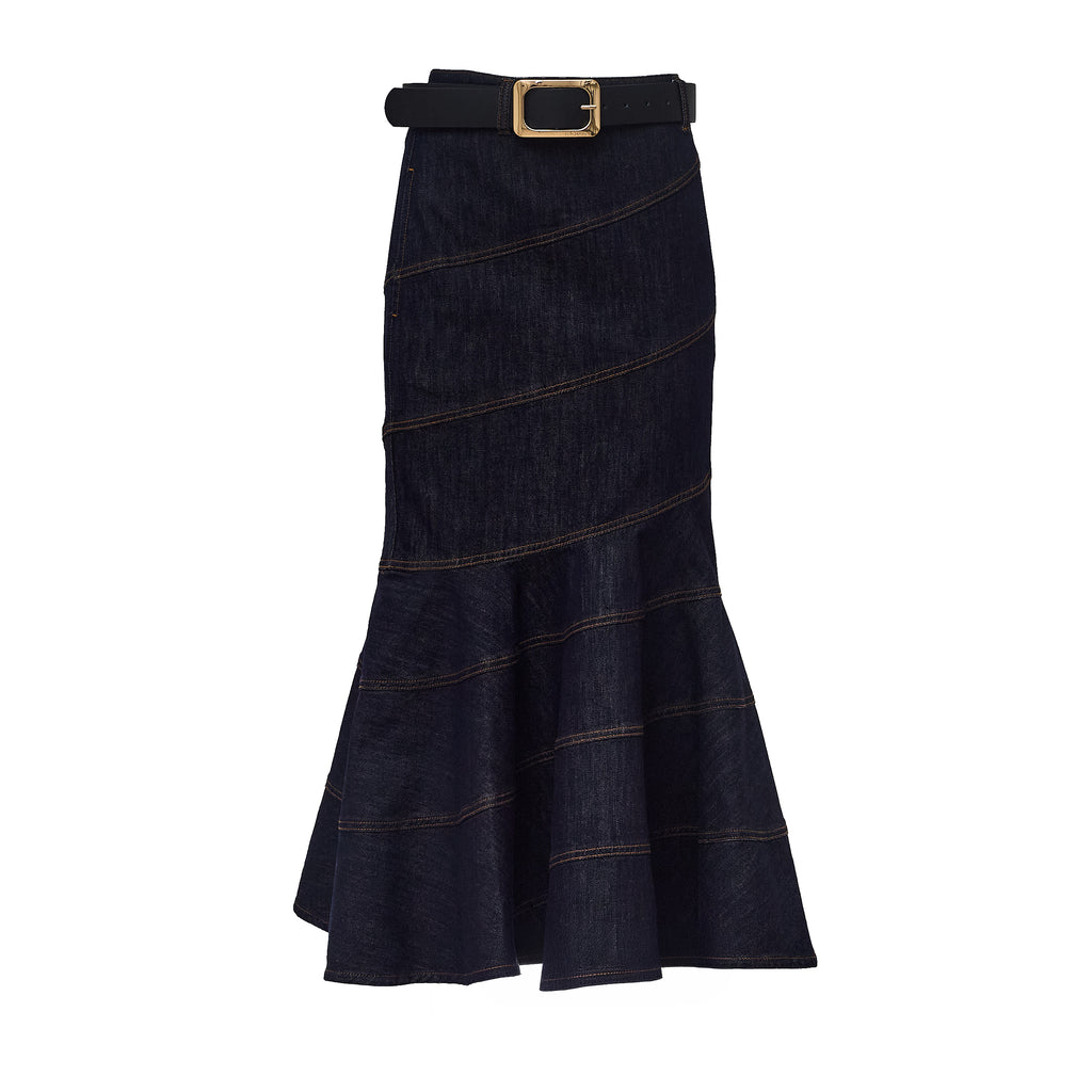 Indigo Denim Belted Midi Skirt