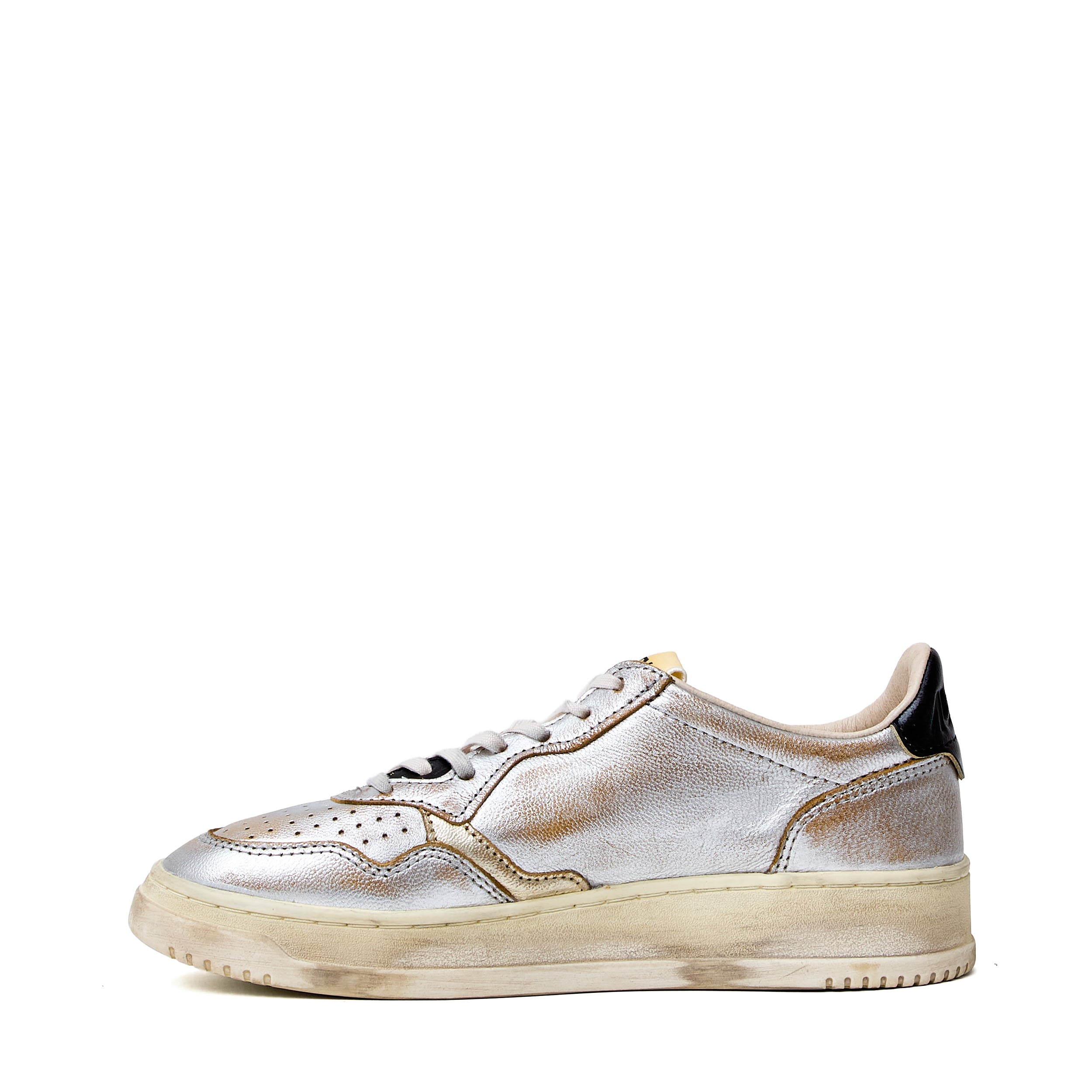 Sneakers Super Vintage Low In Pelle Laminata Argento, Platino, Nero