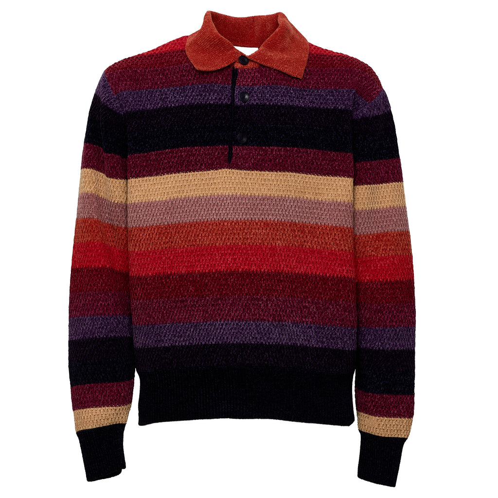 Chenille Striped Long Sleeve Polo Horse Patch