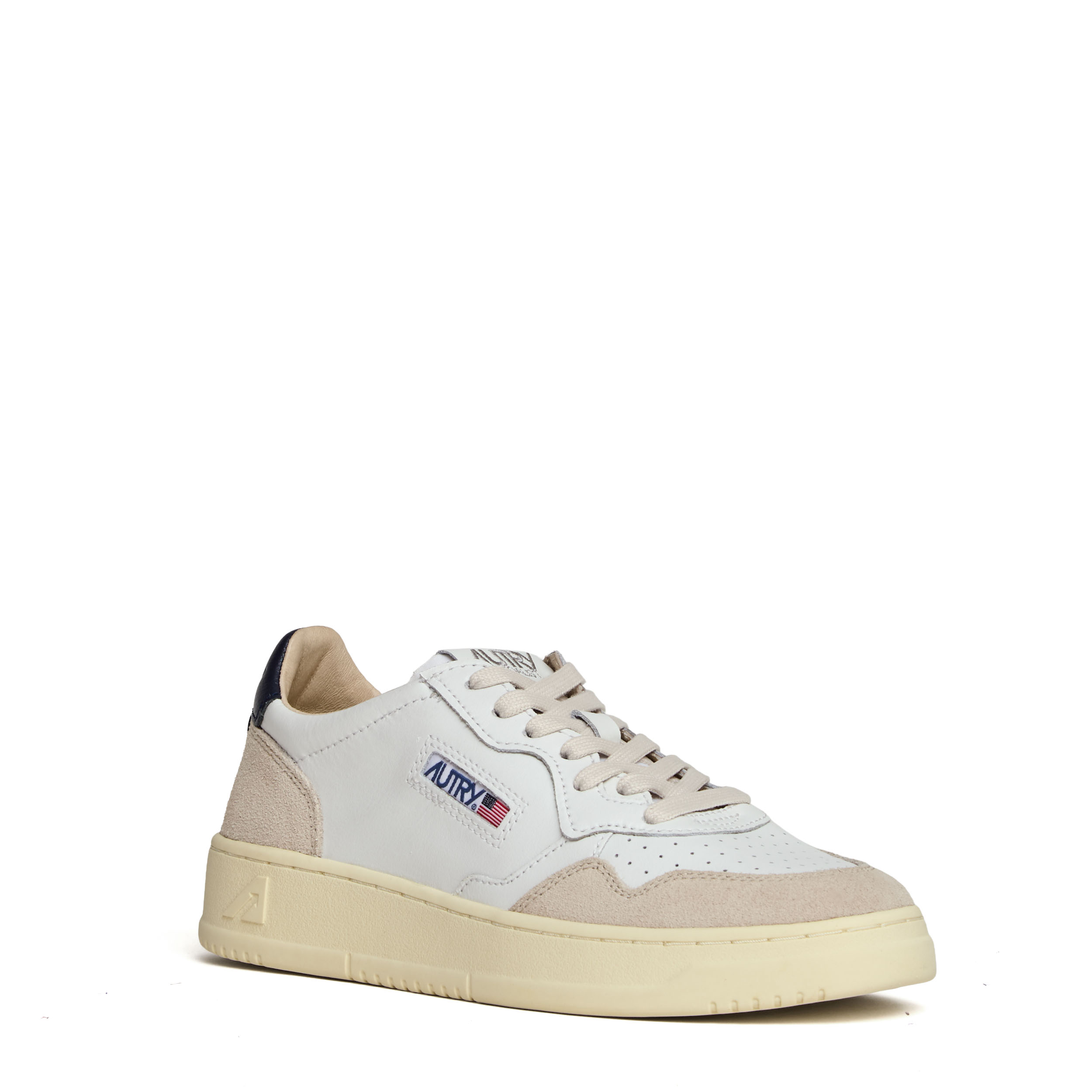 Sneakers Medalist Low In Pelle Bianca, Blu e Suede Beige
