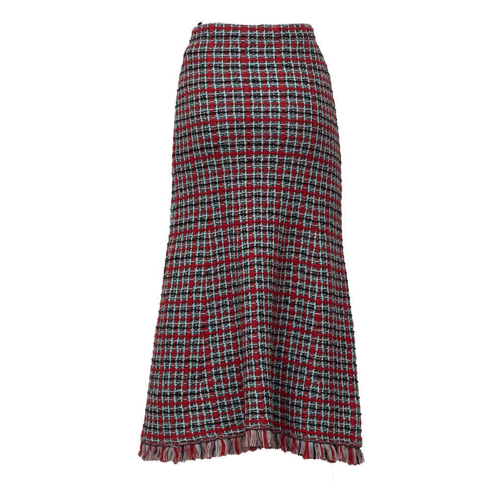 Red Check Frayed Knit Midi Skirt