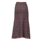 Red Check Frayed Knit Midi Skirt