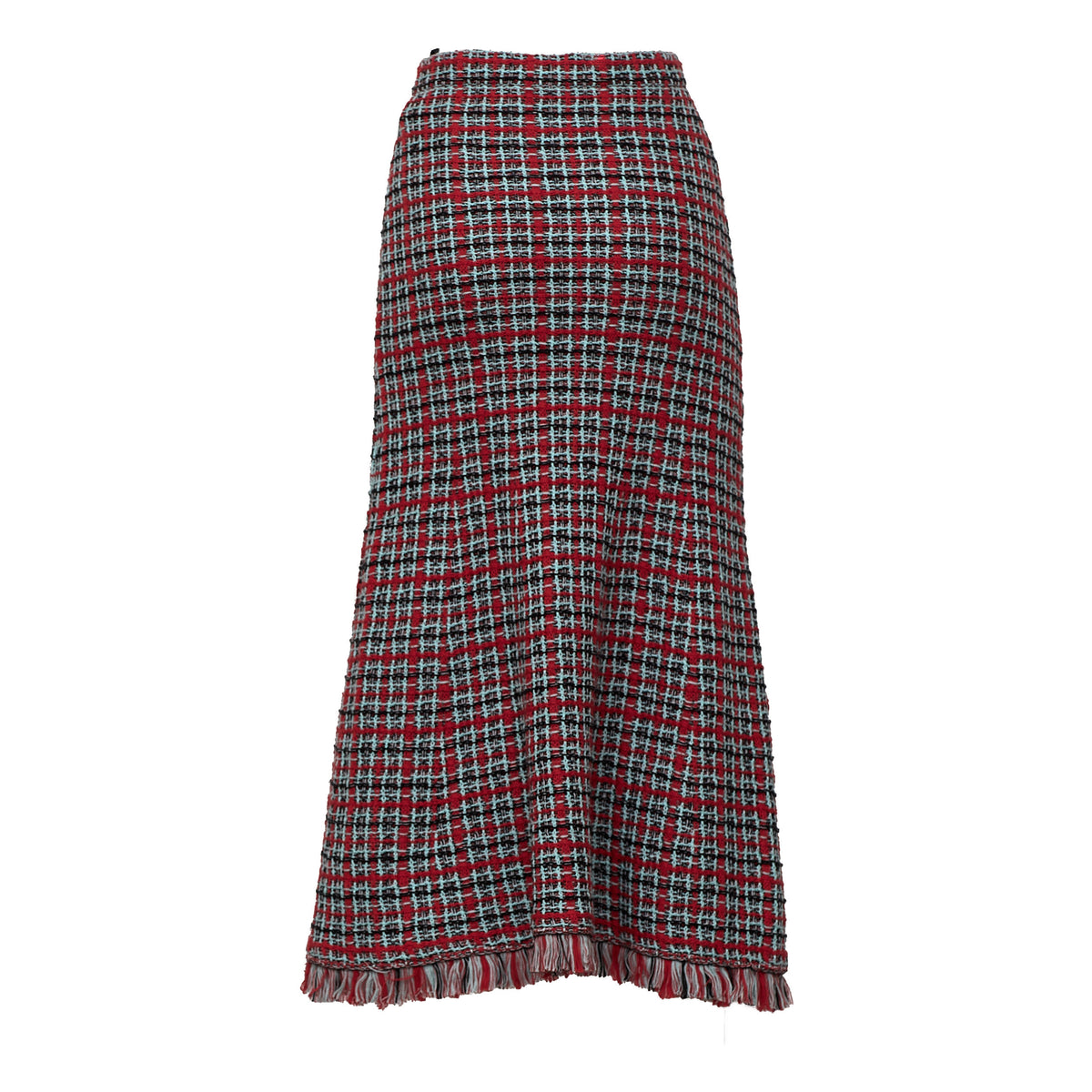 Red Check Frayed Knit Midi Skirt