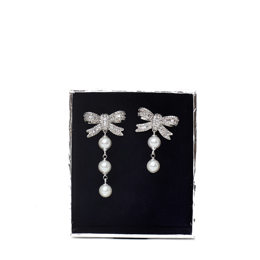 Crystal Bow Pearl Droplet Earrings