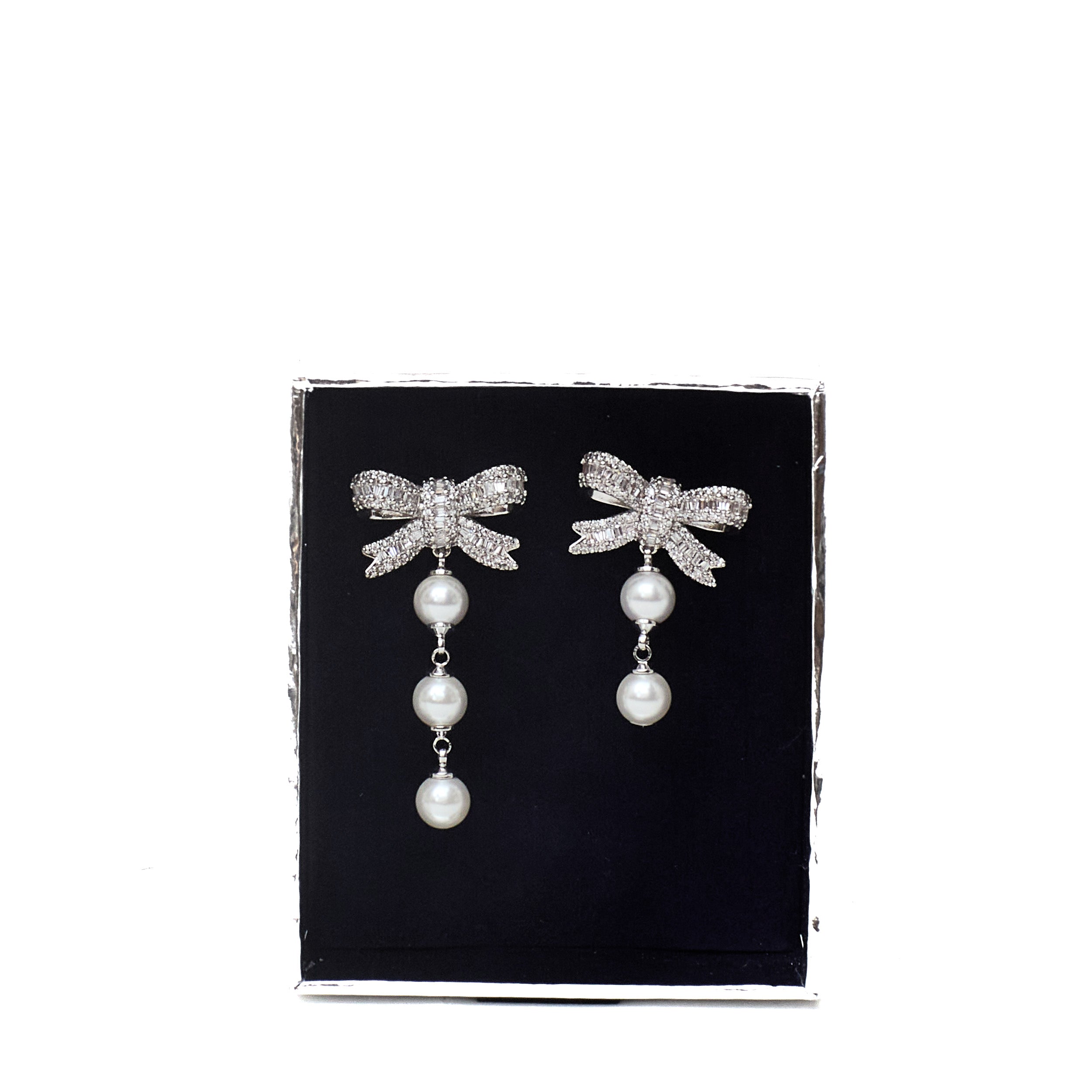 Crystal Bow Pearl Droplet Earrings