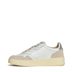 Sneakers Medalist Low In Pelle Bianca, Argento E Suede Beige