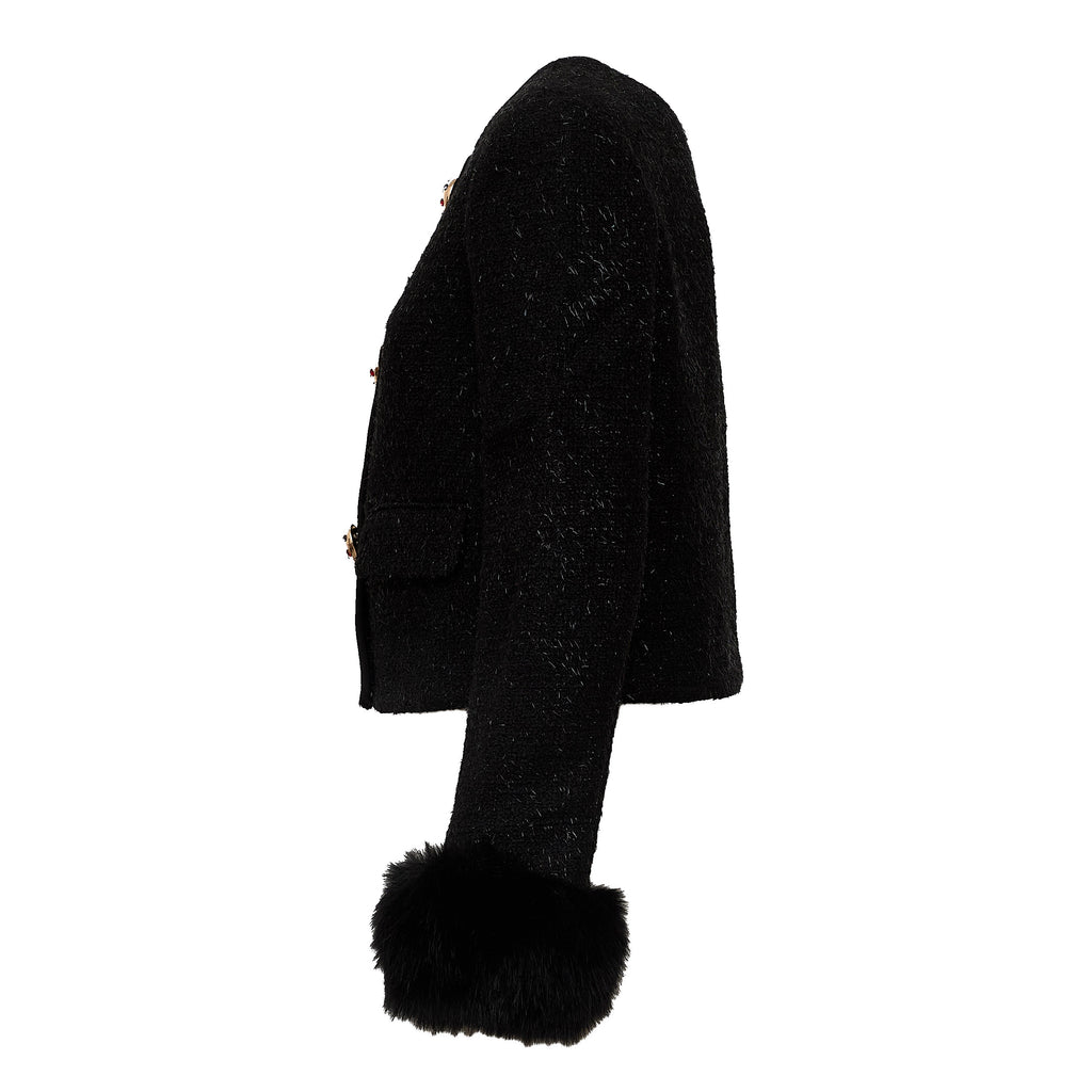 Black Metallic Boucle Fur Cuff Jacket