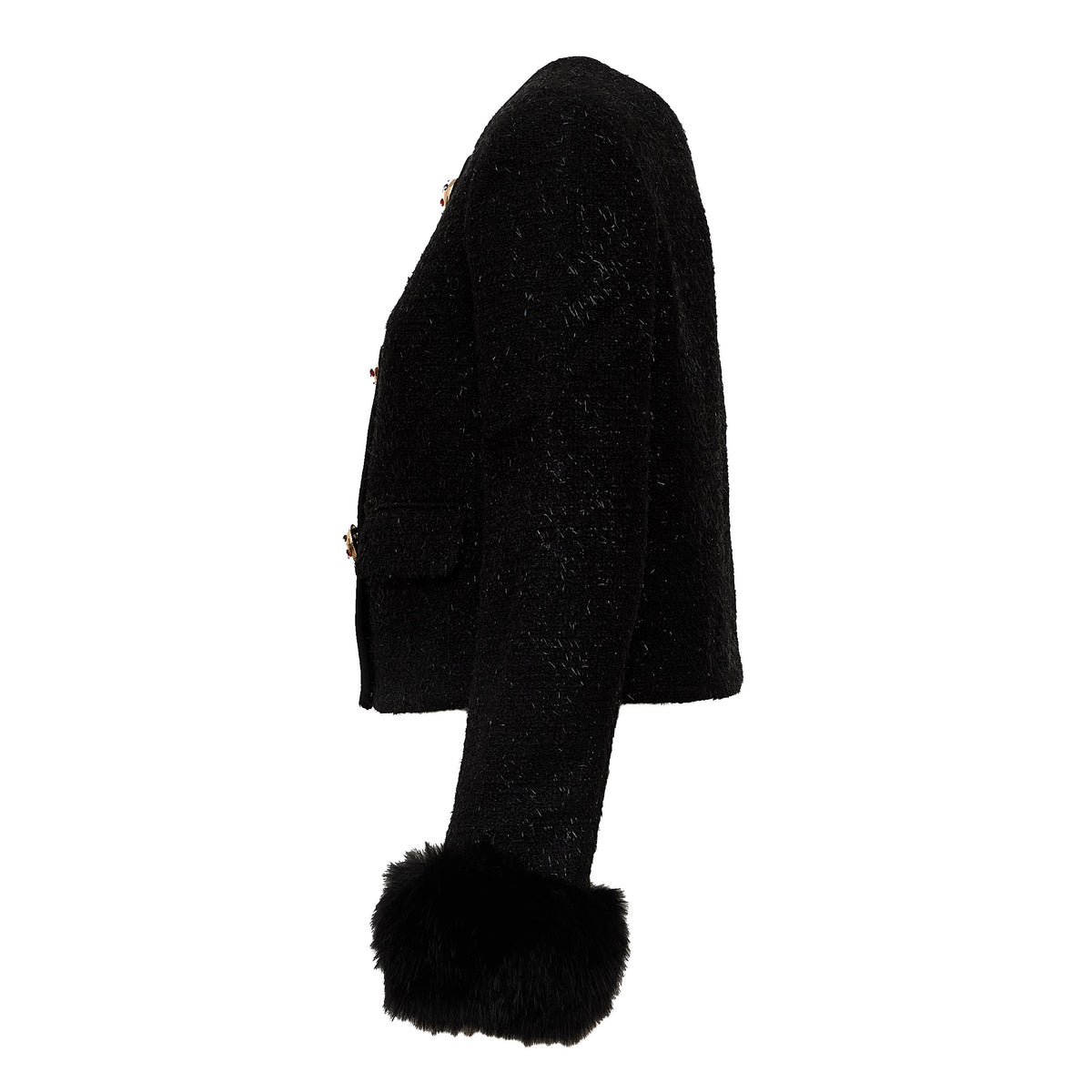Black Metallic Boucle Fur Cuff Jacket