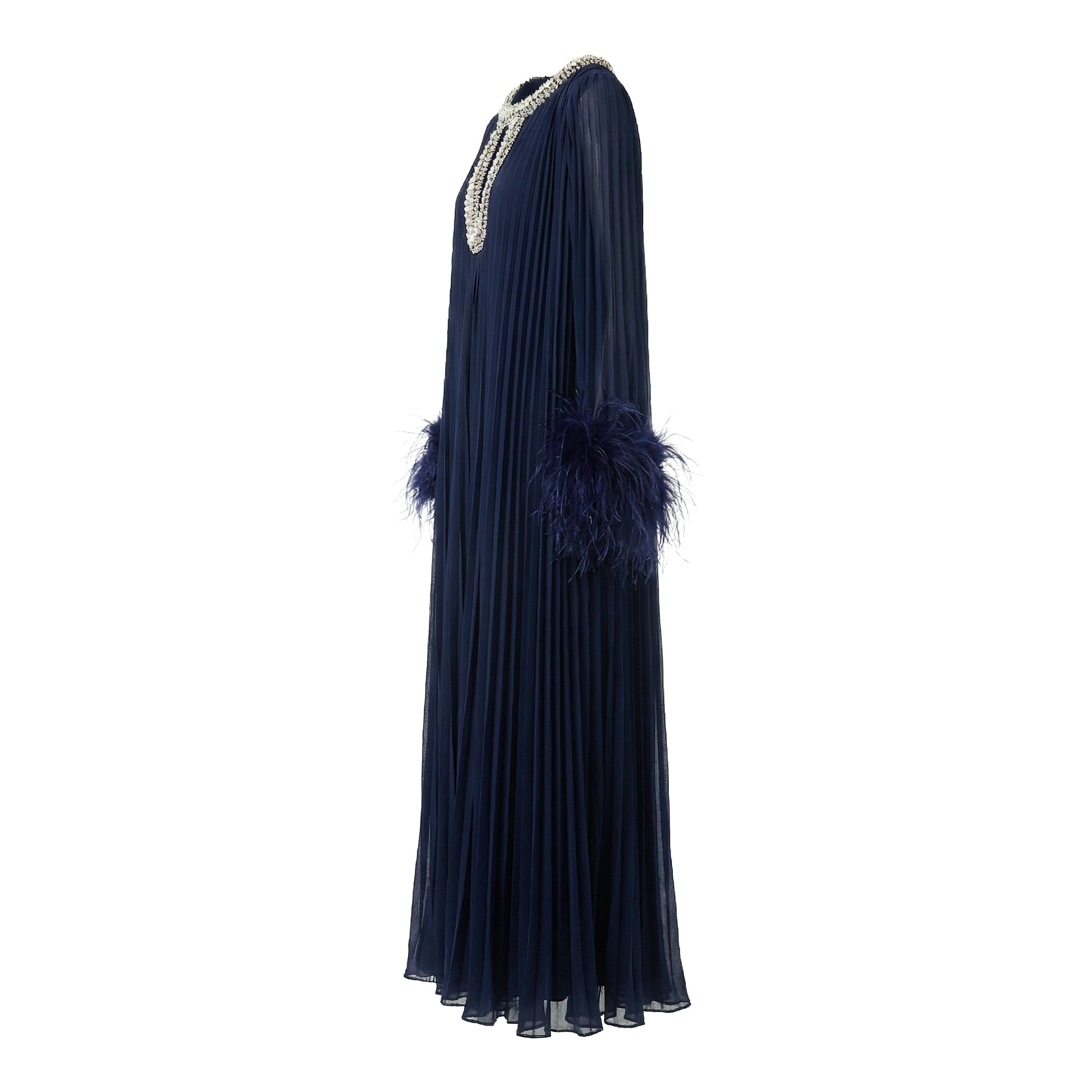 Navy Chiffon Feather Midi Dress